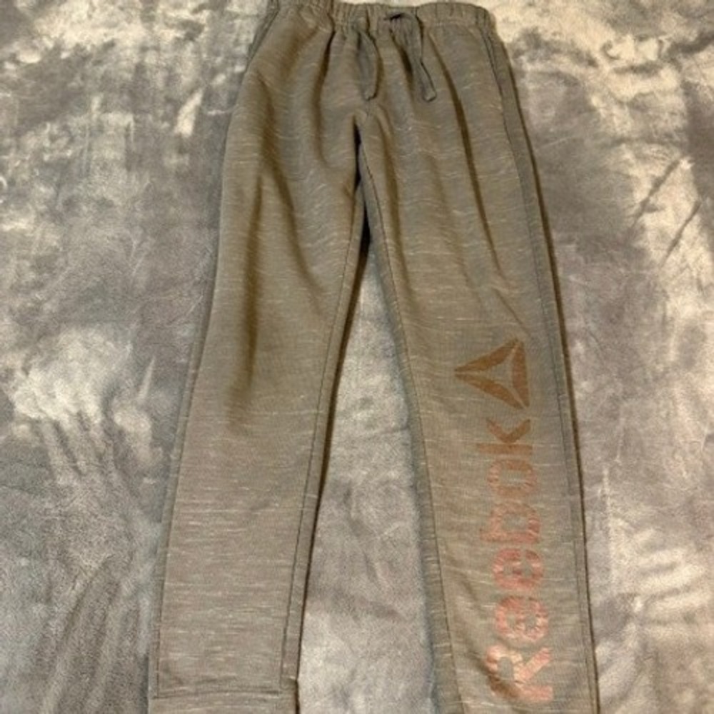 Reebok Joggers Girls 8 Gray Space Dye Heathered Sweatpants Copper Logo Athletic